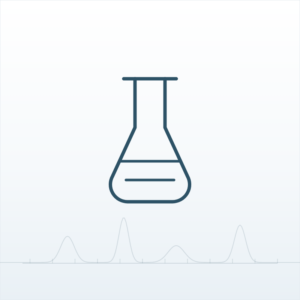 Line illustration of laboratory glassware over an analytical chromatogram trace