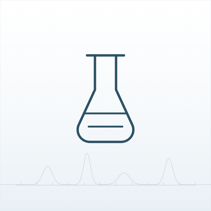 Line illustration of laboratory glassware over an analytical chromatogram trace