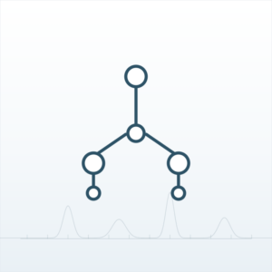 Line illustration of a branched molecular structure over an analytical chromatogram trace