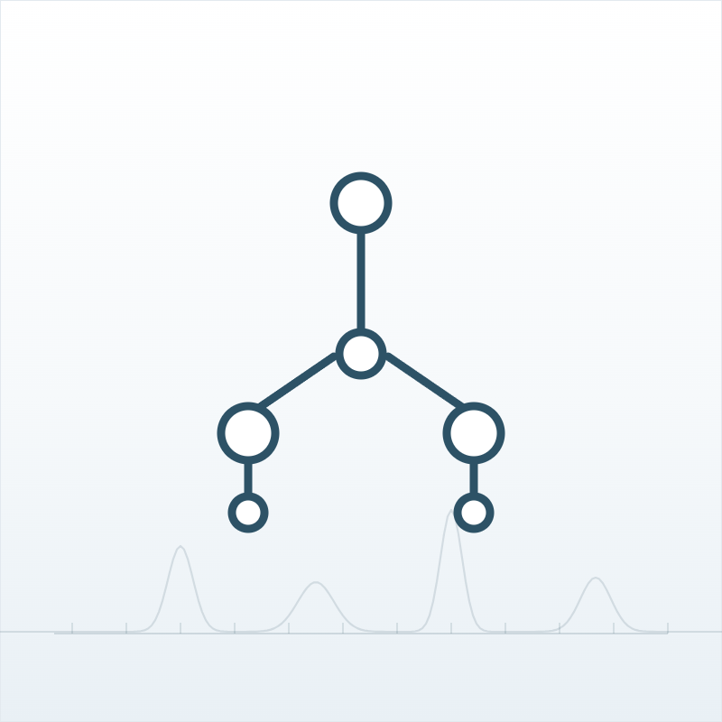 Line illustration of a branched molecular structure over an analytical chromatogram trace